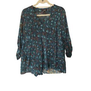 Alfani Womens Tiered Teal Black White Overlay Blouse Top Large Stretch Pullover